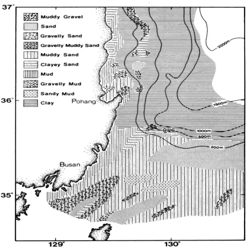 그림 1-1-10. 동해 표층퇴적물 입도 분포(Chough, 1983)