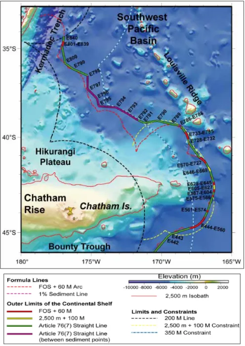 [그림  2-32] Kermadec Trench, Hikurangi Plateau와  Chatham Rise지역  대륙붕  외측  한계(E442-E840)