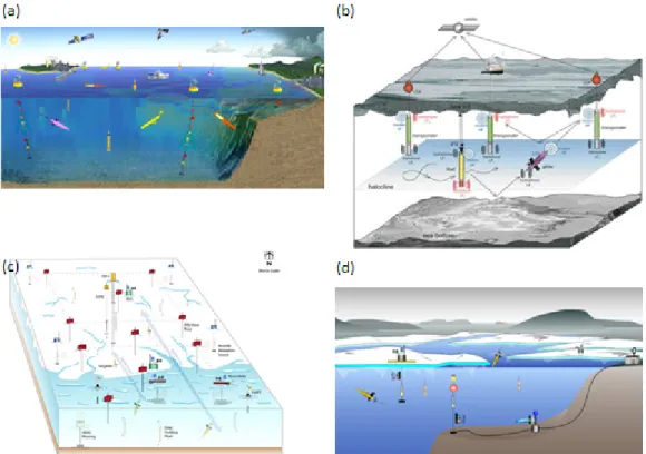 [그림 4-3-3] (a) European Glider Ocean Observation Management 모식도  (b) Arctic Observing Network (c) 여름철 북극 빙하 추적 계획  (d)  Acoustic  Navigation  and  Communications  for  High-latitude Ocean Research