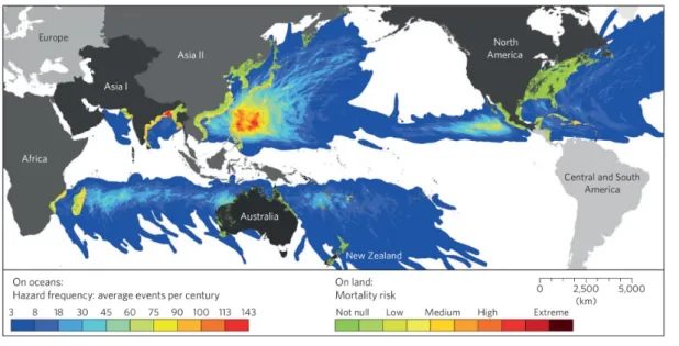[그림  5-1-1a]  태풍에  의한  위험  빈도와  사망  위험도  분포  (2010년  기준)  (From Peduzzi et al., 2012).