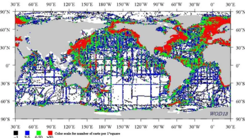 그림  2.1.5   WOD2013  수록된  CTD  자료  분포  (NOAA,  2013)
