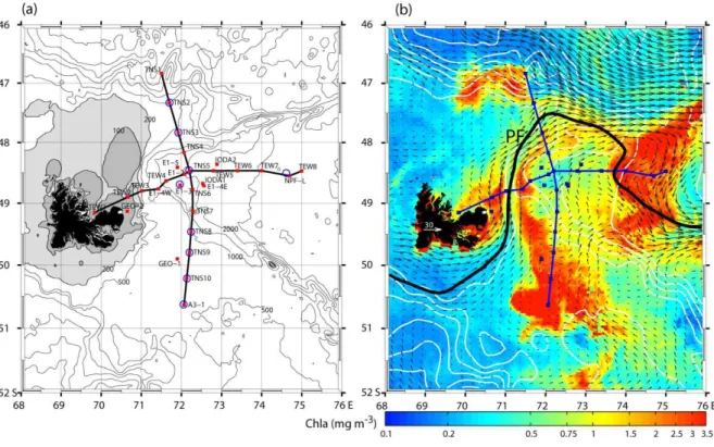 Fig.  1.  (a)  Map  showing  the  KEOPS2  CTD  stations  (red  dots)  on  or  close  to  two  transects  superimposed  on  the  detailed  bathymetry