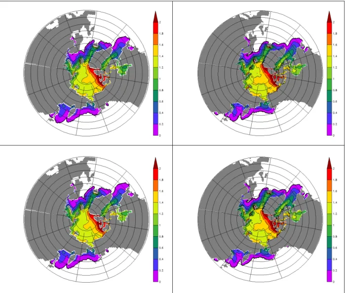 그림 1.9 북극지방의 3월의 모형 해빙 농도. 좌-1도 모형(상단; 적분 100년, 중단; 적분 300년, 하단;