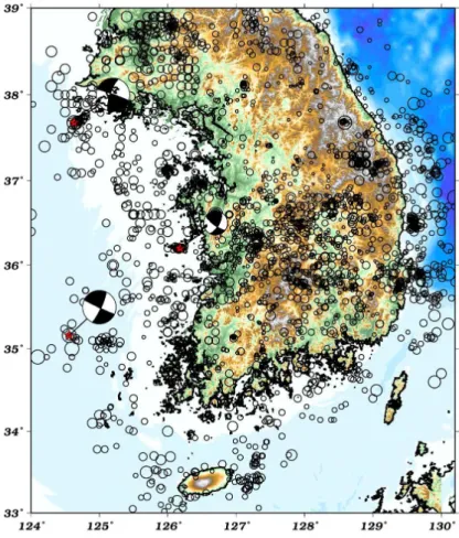 Fig.  1-1.  Distribution  of  earthquakes  recorded  recently  from  1978  to  2014  in  and  around  the  Korean  Peninsula.