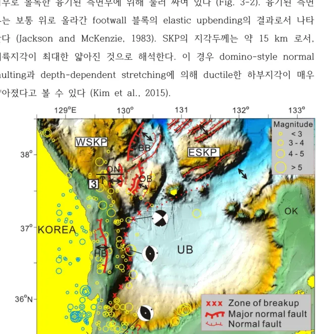 Fig.  3-2.  Detailed  bathymetry  of  the  eastern  Korean  margin  with  the  overlay  of  faults  associated  with  back-arc  rifting  and  the  zone  of  breakup