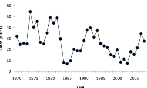 그림  21.  우리나라  참조기의  연간  어획량  변동(1970년-2008년)
