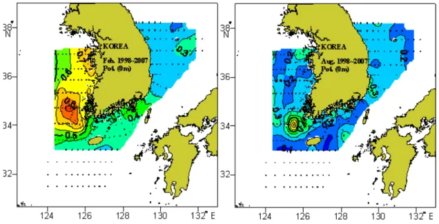 그림  47.  1998년~2007년  한국  해역  겨울(왼쪽)과  여름(왼쪽)  PO4+-P  의  농도       겨울과  여름에서  SiO 2 — Si의  농도  분포는  그림  48에  있다