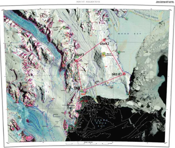 그림  2  남극  장보고기지  주변에  설치된  지진계  위치  (붉은색  원).  TNB는  장보고  기지가  건 설될  Terra  Nova  Bay을  나타낸다.