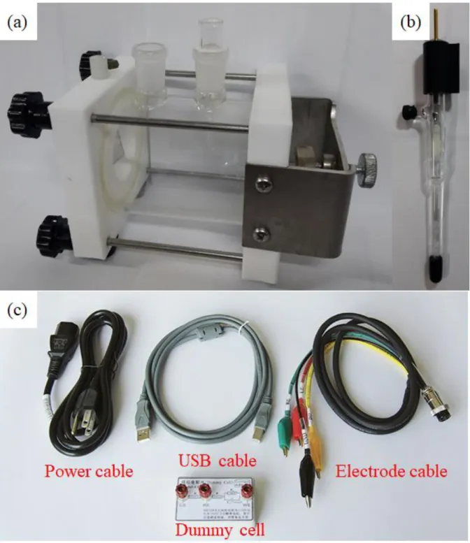 Figure 14. Corrosion test tools (a) Corrosion test cell, (b) SCE reference electrode, (c) Cables  and Dummy cell.