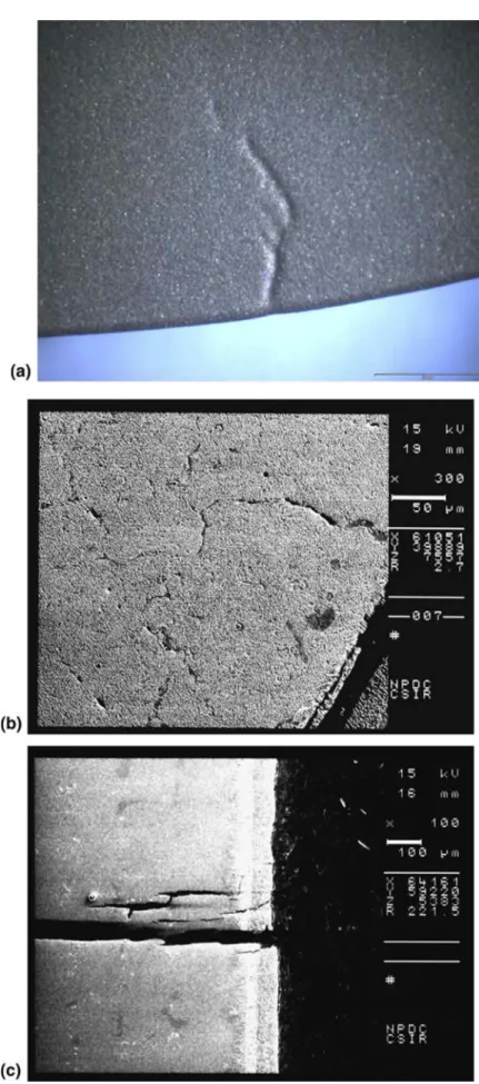 Figure 3 (a) Creep damage observed, (b) Grain separation of the same blade,    (c) Creep cracking in a directionally hardened blade material 