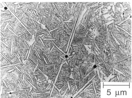 Fig. 2-7 Replica transmission electron micrograph of acicular ferrite plates in a steel weld  deposit (Barritte, 1982) [21]