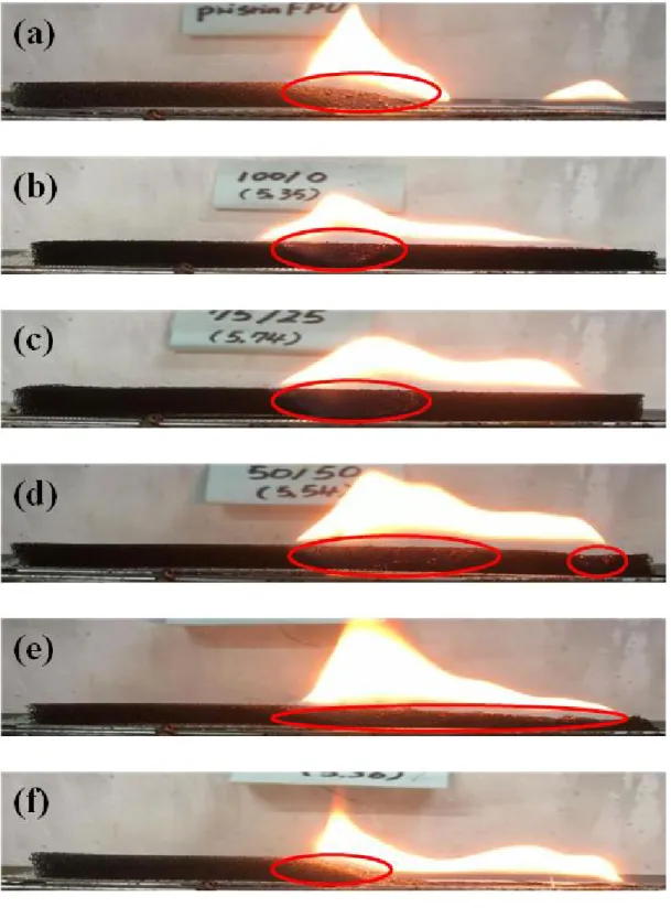 Figure  7.  Burning  shapes  of  (a)  pristine  flexible  polyurethane  foam,                      (b)  FPU-5.35-100/0,  (c)  FPU-5.74-75/25,  (d)  FPU-5.54-50/50,                    (e)  FPU-6.32-25/75,  (f)  FPU-5.36-0/100