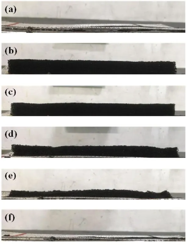 Figure  8.  Post-burn  images  of  (a)  pristine  flexible  polyurethane  foam,                          (b)  FPU-5.35-100/0,  (c)  FPU-5.74-75/25,  (d)  FPU-5.54-50/50,                    (e)  FPU-6.32-25/75,  (f)  FPU-5.36-0/100.