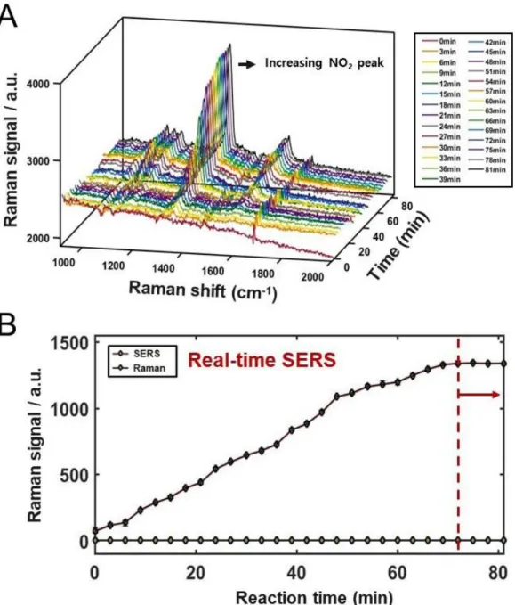 Figure  13. Real-time  SERS  data  of  NTP  from  0  min  (after  mixing)  to  81  min,  showing  the  growth  of  the  distinct  peaks  (A), the  relative  Raman  and  SERS  intensities of a peak  in 1357 cm -1 assigned to NO 2 vibration,  finally saturat