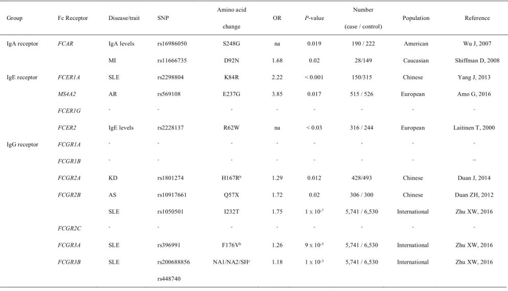 Table 4. List of coding variants of the Fc receptor genes associated with human diseases from candidate gene study