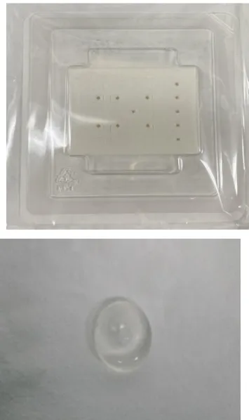 Figure 4.  수술에 사용된 ADM (Megaderm, Porcine, 2mm thickness,  위쪽 사진)  과 보형물 (1.5x1.5cm smooth silicone implant(Polytech, Dieburg, Germany,  아래쪽 사진)