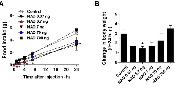 Figure 7. Dose response study of NAD. (A) Food intake and (B) body weight changes for  24  h  after  ICV  injection  of  NAD  at  the  indicated  doses  (n  =  6)