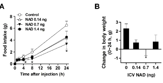 Figure 8. The anorexigenic effect of centrally administered NAD. (A) Food intake and (B)  changes in body weight for 24 h after ICV injection of NAD at the indicated doses (n = 6)
