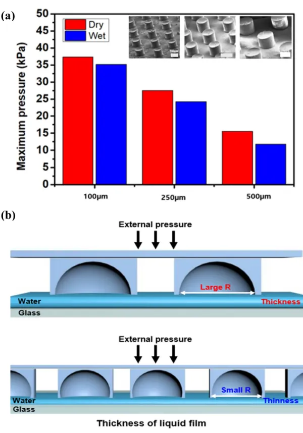Figure 2. (a) Adhesion force (2.5N) in dry and wet environments depending on different diameter  of the tips (100, 250, 500µm) (b) Mechanism for thickness of liquid film with different diameters  of the tip.