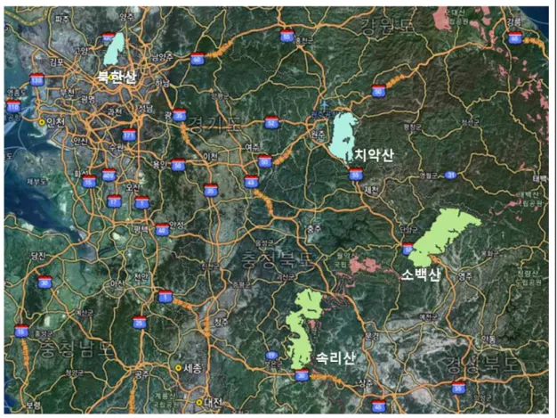 [그림  Ⅱ-1]  국립공원  산양  개체군  서식  현황조사  대상지(2022년)