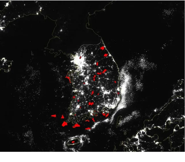 그림  70.  VIIRS  DNB를  이용한  한국  국립공원  야간  평균  밝기(Average  brightness  values)  현황도(2012년  10월)