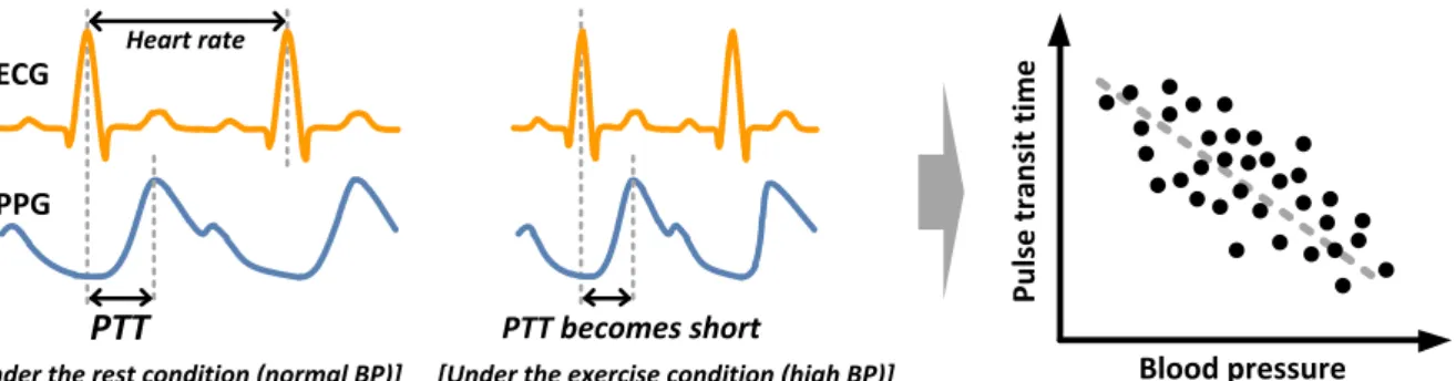 Figure 2.10. The relationship between pulse transit time and blood pressure.