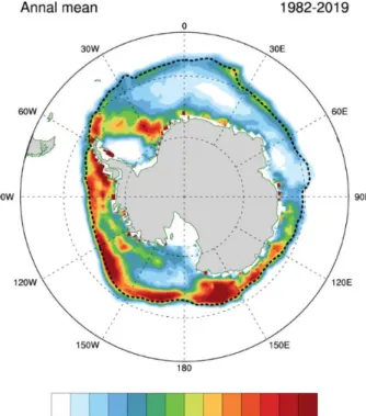 Fig. 2. Annual mean  variance (shading) and climatological mean (contour) of sea ice concentration 244 