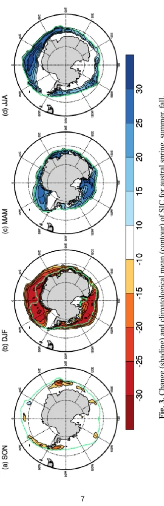 Fig. 3. Change (shading) and climatological mean (contour) of SIC for austral spring, summer, fall,  and winter from the left