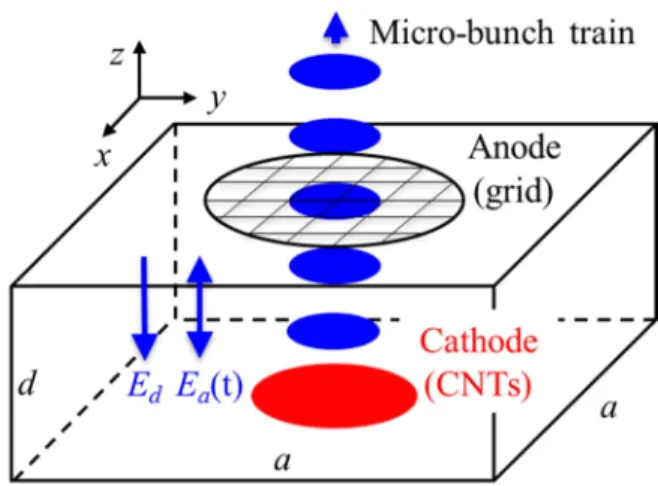 Figure 4.1: Schematics of the dc-biased, ac-driven vacuum diode cavity with a CNT cathode  The schematic of the dc-biased, ac-driven diode is presented in Fig