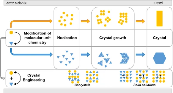 Figure  1.5  Schematic  representation  of  modification  of  molecular  unit  chemistry  and  crystal  engineering to form cocrystals and solid solutions