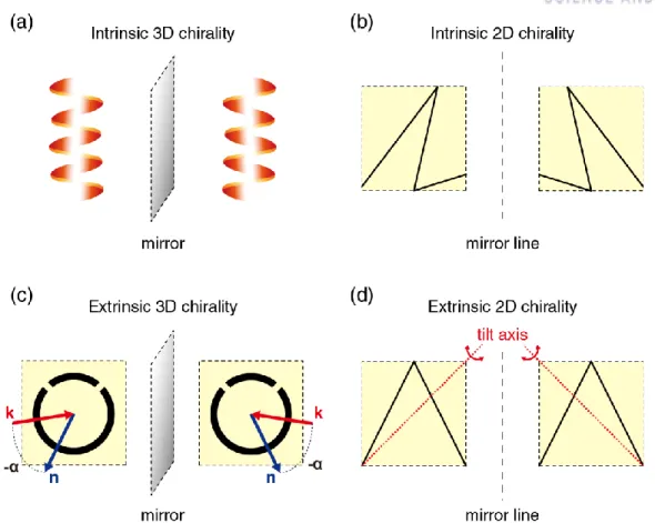 Figure 1.7 Intrinsic and extrinsic chirality. (a) and (b) are the examples of Intrinsic chirality 3D and 2D