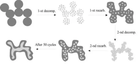 Figure 1.12. Scheme of textural transformation of the CaO sorbent in recarbonation-decomposition  cycles