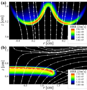 Figure 1.3: Heat release rate [J/m 3 s] isocontours for (a) laminar lifted jet flame from [1]