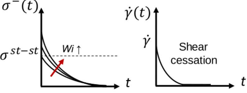 Figure 1.1.5. Transient behavior of shear stress and shear rate as a function of time upon cessation of steady shear