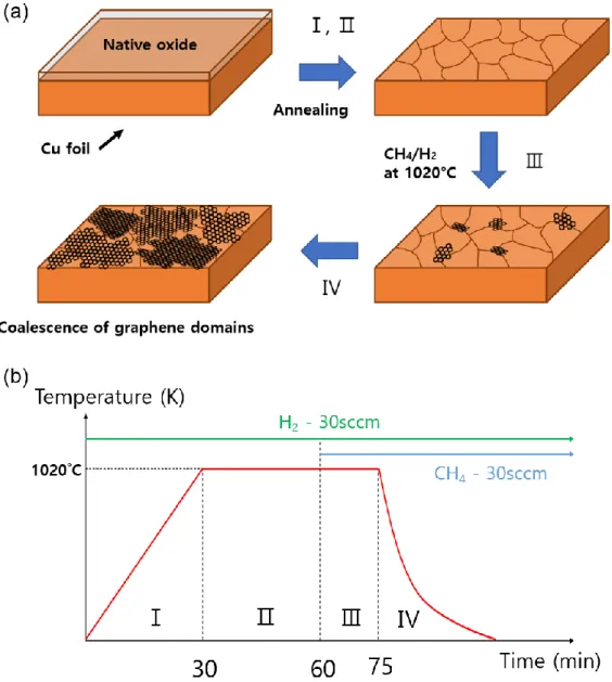 Figure 10. CVD graphene synthesis process. (a) Schematic of synthesis process. (b) Time versus  temperature graph for graphene synthesis.