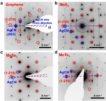 Figure 31. Universal oriented AgCN wires on various hexagonal 2D materials. TEM diffraction  pattern of AgCN on (a) graphene, (b) MoS 2 , (c) MoSe 2 , (d) MoTe 2 