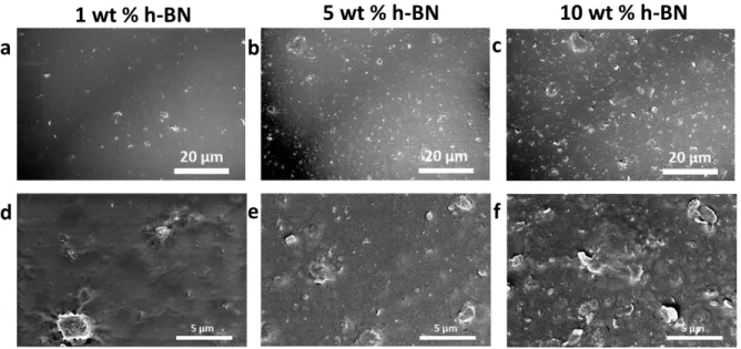 Figure 2.3.3. SEM results of exfoliated a,d) 1 wt % h-BN flakes in a 20 wt % Nafion dispersion, b,e) 5  wt  %  h-BN  flakes  in  a  20  wt  %  Nafion  dispersion,  c,f)  10  wt  %  h-BN  flakes  in  a  20  wt  %  Nafion  dispersion