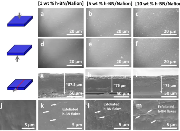 Figure 2.3.7. Comparison of SEM images of h-BN based composite membranes. a,d,g,k) 1 wt % of  h-BN in a 20 wt % Nafion dispersion in a composite, b,e,h,l) 5 wt % of h-BN in a 20 wt % Nafion  dispersion in a composite, c,f,i,m) 10 wt % of h-BN in a 20 wt % 