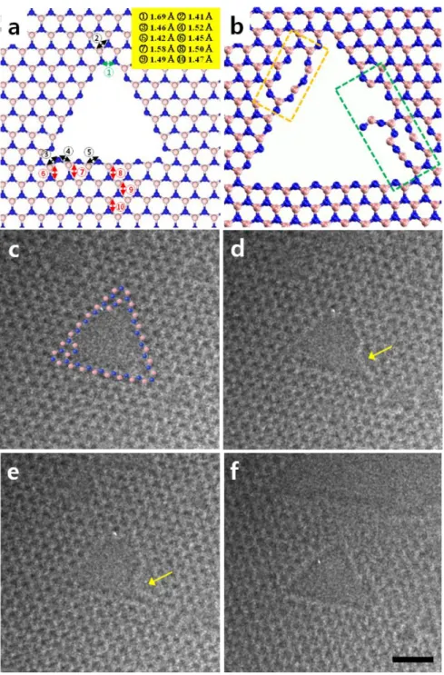 Figure  14.  A  summary  of  DFT  calculations,  MD  simulations,  and  AR-TEM  of  hole  growth  processes in monolayers of hBN