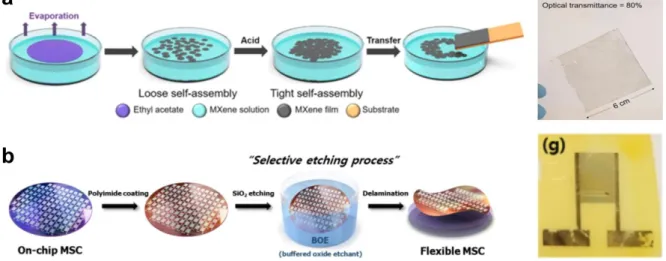 Figure 1.14. Transfer strategies for MXene assembly on flexible substrates. (a) Interfacial transfer  of thin film of Ti 3 C 2 T x  MXene
