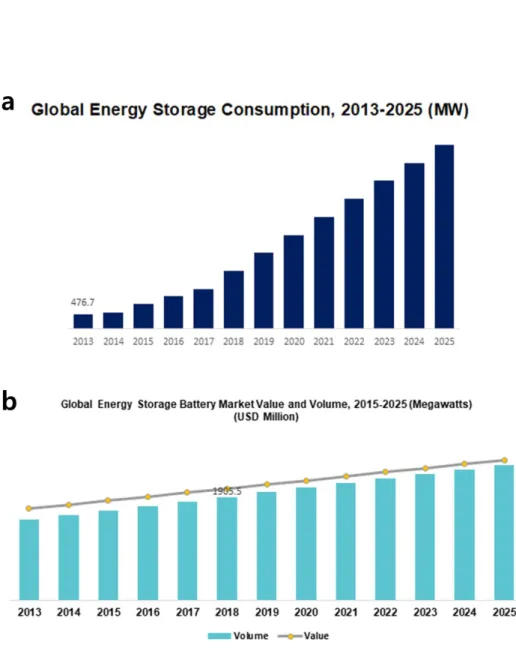 Figure 2. Global energy storage (a) consumption and (b) battery market value (Copyright 2020,  Energy Storage Market)