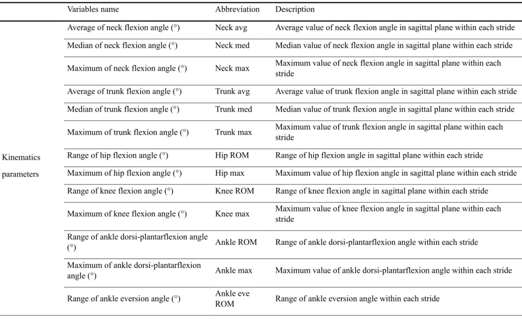 Table 5. Description of kinematics and spatiotemporal gait parameters 