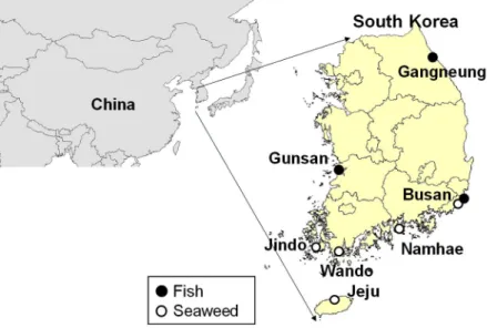 Figure 3.1. Location of three marine cities where fish samples were collected in 2012
