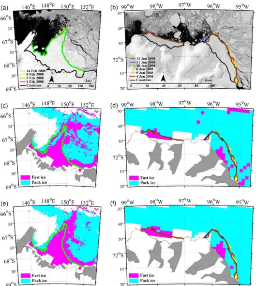 Figure 2. 3. Comparison of fast ice mapping results by model with the 250-m MODIS images during  the periods of relatively stable fast ice around (a) Mertz and (b) Abbot Ice Shelf in the East and West  Antarctica, respectively