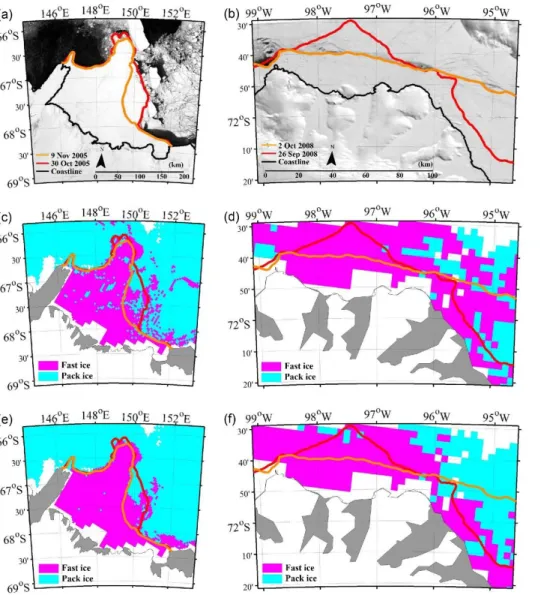 Figure 2. 4. Comparison of fast ice mapping results by model with the 250-m MODIS images during  the periods of rapidly changing fast ice around (a) Mertz and (b) Abbot Ice Shelf in the East and West  Antarctica, respectively