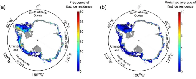 Figure 2. 8. Temporal variation of fast ice in the Antarctic using a) the simple counting approach and b)  the weighted average approach.