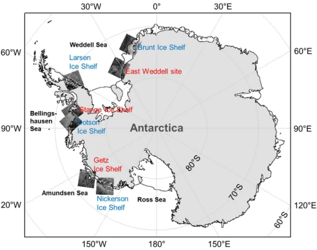 Figure  3.  2.  Map  of  study  area  including  landfast  sea  ice  regions  over West Antarctica  with ALOS  PALSAR images  over the Weddell Sea, Bellingshausen Sea, Amundsen Seas, and Ross Sea sectors