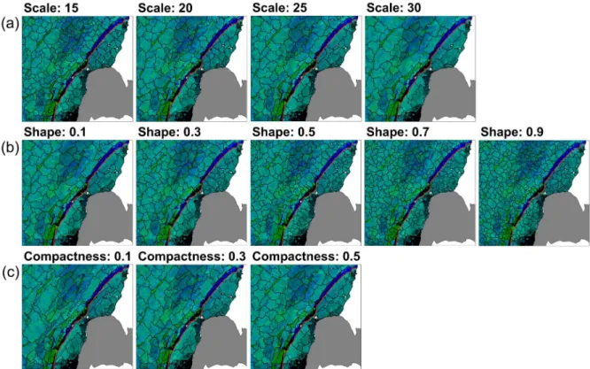 Figure 3. 5. Examples of segmentation results at different (a) scale parameters with fixed thresholds for  shape of 0.1 and compactness of 0.5, (b) shape parameters with scale of 25 and compactness of 0.5, and  (c)  compactness  parameters  with  scale  of