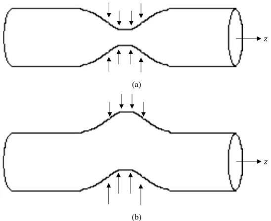 Figure 2.2 Schematics of instability on  𝑧-pinch (a) sausage instability (b) kink instability