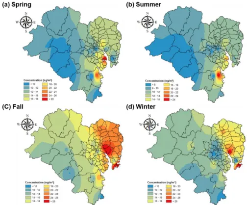 Figure 13. Spatial distribution of PAHs in Ulsan, in (a) spring, (b) summer, (c) fall, and (d) winter